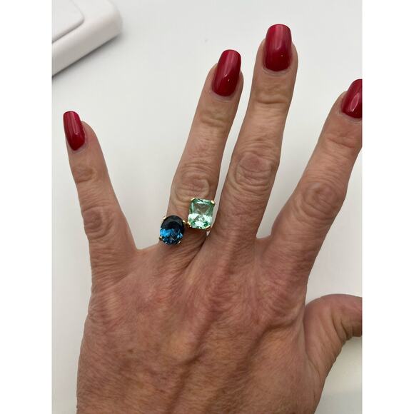 14k Gold Two Stone Ring London Blue Mint Green Spinel Negative Space Adjustable - Picture 7 of 10